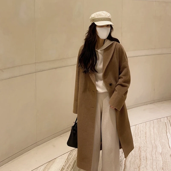 Winter Women's Wool BlendsLong Winter 100%wool Ladies Coat Soft Elegant Lace-upJacket - Image 3