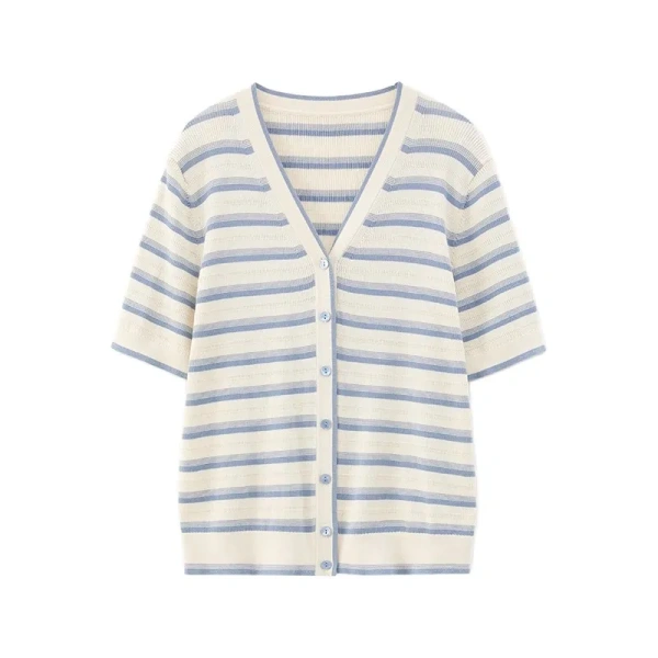 Summer Fashion T Shirt Knitwear Women Single Breasted Short Sleeve 100% Cotton Cardigan for Femme