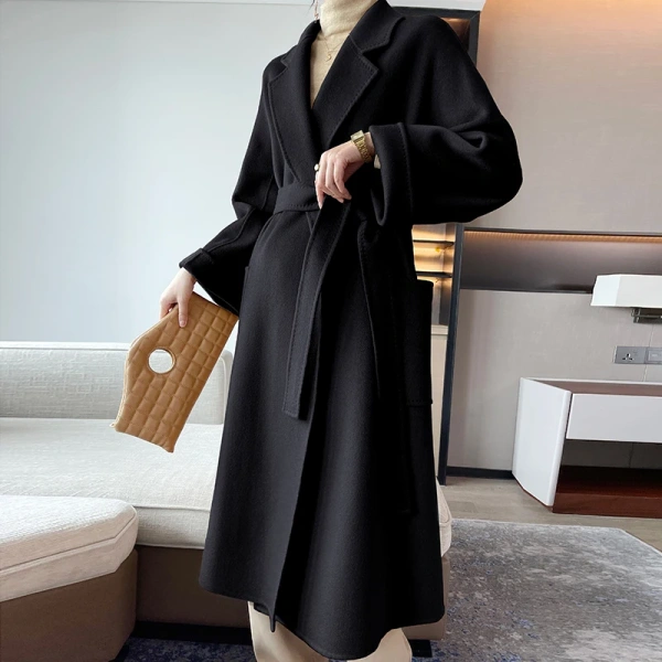 High Quality Classic Fashion Leisure Time Long 100% Cashmere Loose Handmade Tie a Belt Tailored Collar Coat - Image 6