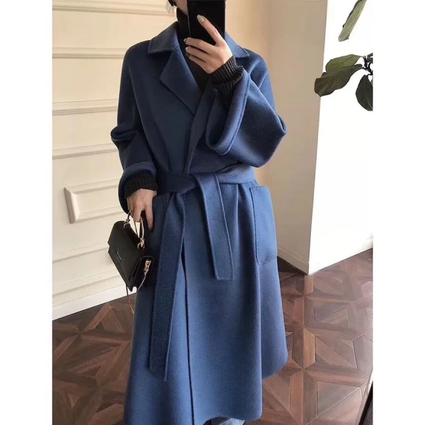 Water Wave Pattern Double-sided Cashmere Coat Female Bathrobe in the Long Section Knee-length Loose Hepburn High-end Wool Tweed - Image 3