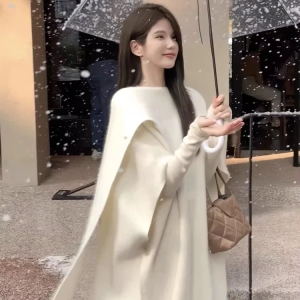Winter Gentle Creamy White Shawl Cape Coat Elegant and Noble Temperament Small Coat