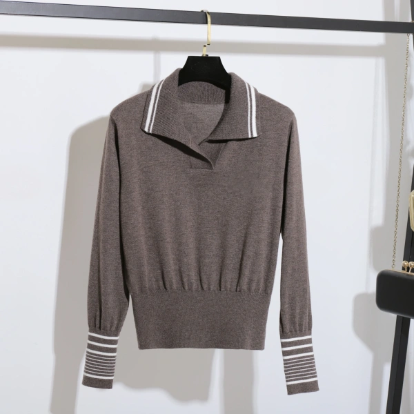 Spring Polo Collar Stripe Knitted Sweater 100% Wool Pullover Women - Image 3