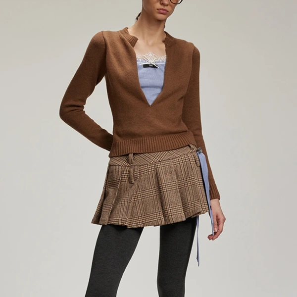 V Neck Knitwear Pullover Women Cropped Handmade Knitted Wool Sweater - Image 4