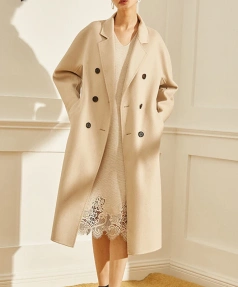 Haute Couture Double-faced Woolen Goods Winter  Double-breasted 100% Wool Coat Handmade Solid Color