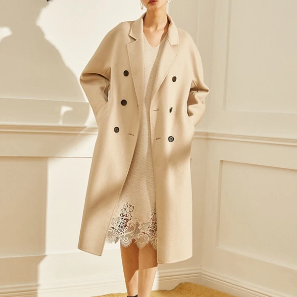 Haute Couture Double-faced Woolen Goods Winter  Double-breasted 100% Wool Coat Handmade Solid Color