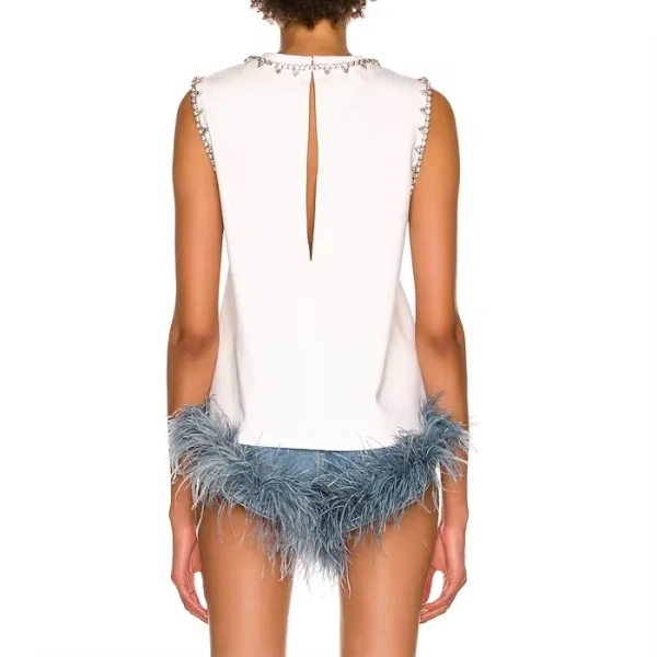 Cross Short Pants High Waist Denim Shorts Women with Ostrich Feather Fur - Image 2
