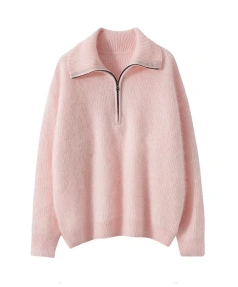 Turn Down Collar Knitted Pullover 100% Cashmere Sweater Women with Zippers