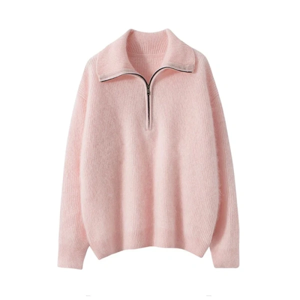 Turn Down Collar Knitted Pullover 100% Cashmere Sweater Women with Zippers