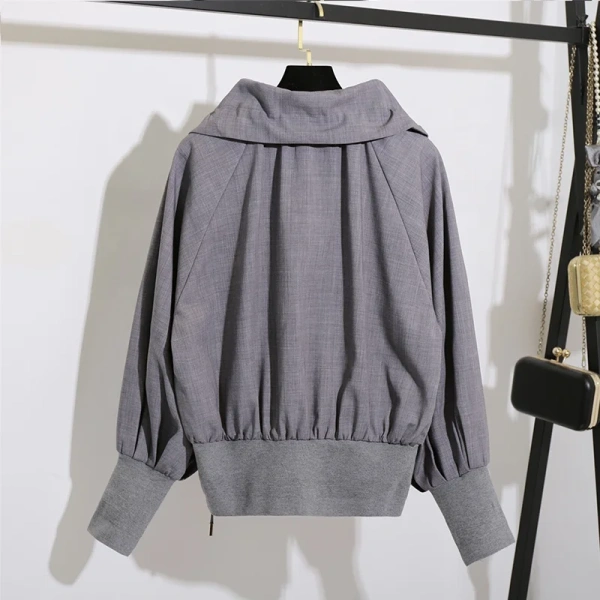 High Collar Drawstring Wool Blend Coat Cropped Windbreaker Jacket Women - Image 2