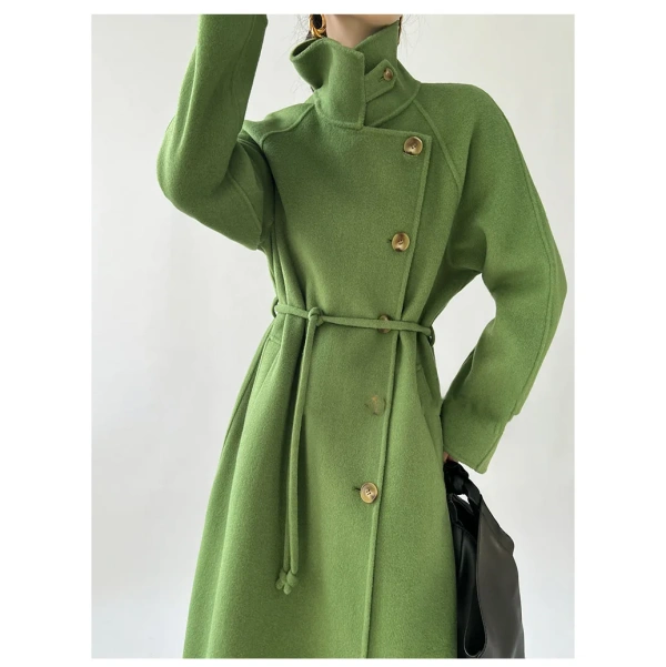 Stand Collar Design Sense Lacing in the Long Section Double-sided Tweed Cashmere Coat Female 2025 Autumn and Winter New - Image 3