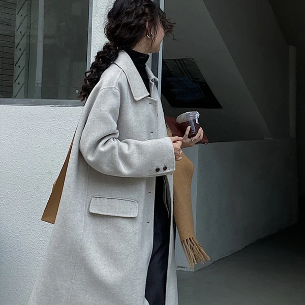 Haute Couture Double-faced Woolen Goods Winter  Peru 100% Wool Coat Handmade Solid Color Single Breasted