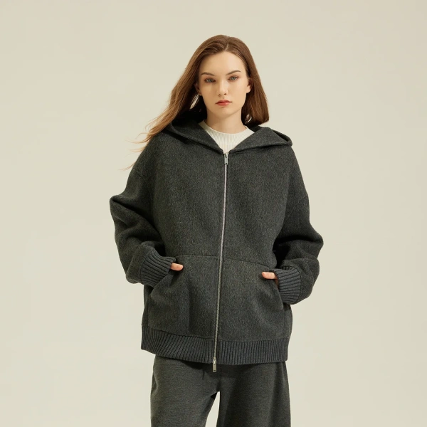 Cropped Double Faced Woolen Coat Winer Luxury Alpaca Wool Coats Women With Hood