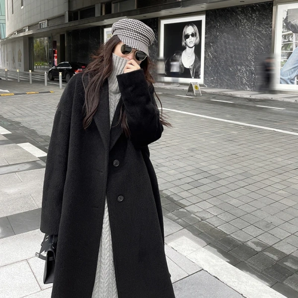 Winter Women's Wool BlendsLong Winter 100%wool Ladies Coat Soft Elegant Lace-upJacket - Image 5