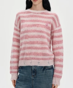 Stripe Pattern Wool Blend Knitwear O Neck Mohair Sweater for Women