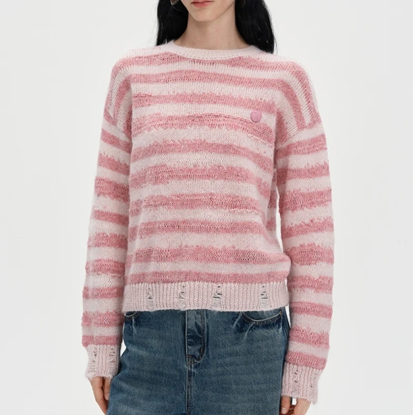 Stripe Pattern Wool Blend Knitwear O Neck Mohair Sweater for Women