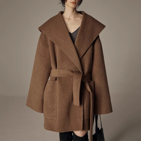 Big Turn Down Collar Camel Hair Coat Double Faced Handmade Wool Coat for Women - Image 3