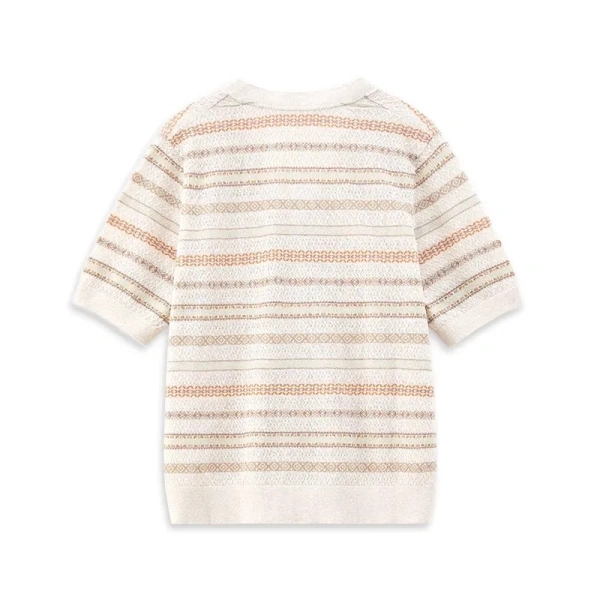 Summer Single Breasted T Shirt Cardigans Short Sleeve Cotton Linen Jacquard Knitwear for Women - Image 2