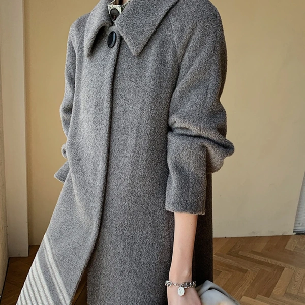 Winter Thickened Warm Women's Alpaca Wool Solid Color Coat Hand-sewn Simple Long Single-breasted Coat - Image 4