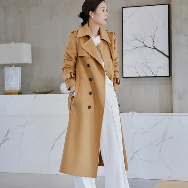 Women's Wool Blends Winter Haute Couture Water Ripple Women Wool Coat Simplicity Elegant Double-breasted Handmade