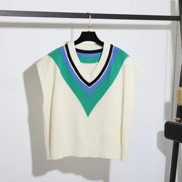 V Neck Triangle Pattern Sleeveless Knitted 100% Cotton Sweater Vest for Women - Image 3