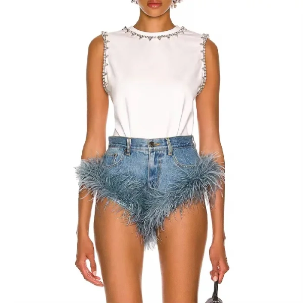 Cross Short Pants High Waist Denim Shorts Women with Ostrich Feather Fur - Image 4
