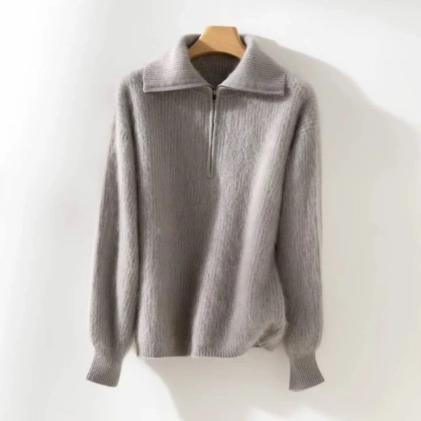 Turn Down Collar Knitted Pullover 100% Cashmere Sweater Women with Zippers - Image 4