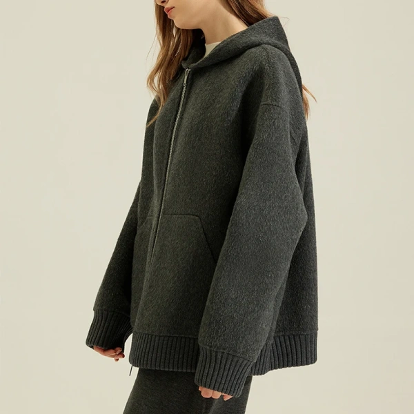 Cropped Double Faced Woolen Coat Winer Luxury Alpaca Wool Coats Women With Hood - Image 4