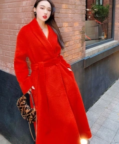 Europe Fashion Commuting High Quality Alpaca Wool Women's Coat Hand-sewn Quality Goods Lacing