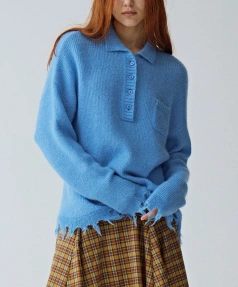 Turn Down Collar Pullover Blue Knitted Mohair Sweater Women