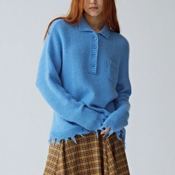 Turn Down Collar Pullover Blue Knitted Mohair Sweater Women