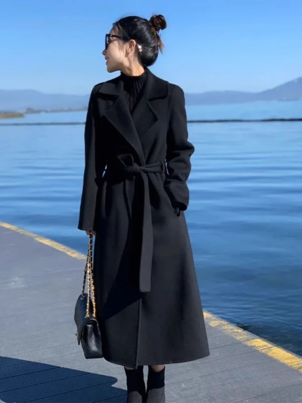 Women Medium-length Black Wool Coat, High-grade Double-faced Velvet, Thickened Wool Coat, Slimming - Image 5