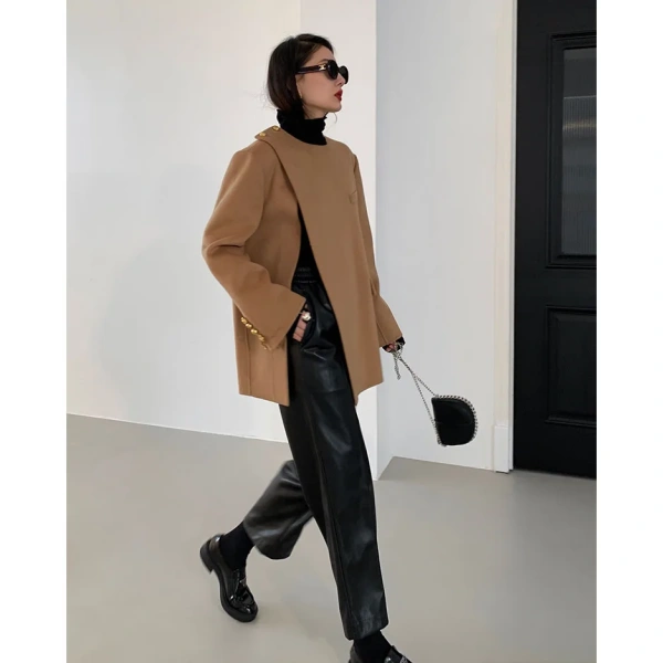 Retro Design Short Section Diagonal Lapel Double-sided Handmade Pure Cashmere Coat Twill Soft Wool Coat Women's Winter New - Image 6