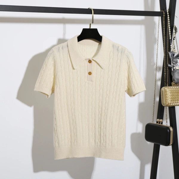 Winter Spring Turn Down Collar Solid Casual Pullover Short Sleeve Women 100% Wool Sweater - Image 2