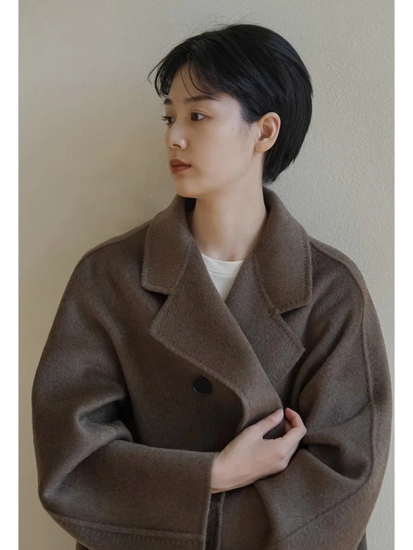 Cashmere Long Lapel Double-breasted Double-faced Wool Handmade Coat - Image 3