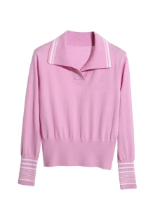 Spring Polo Collar Stripe Knitted Sweater 100% Wool Pullover Women