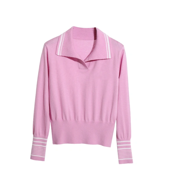 Spring Polo Collar Stripe Knitted Sweater 100% Wool Pullover Women