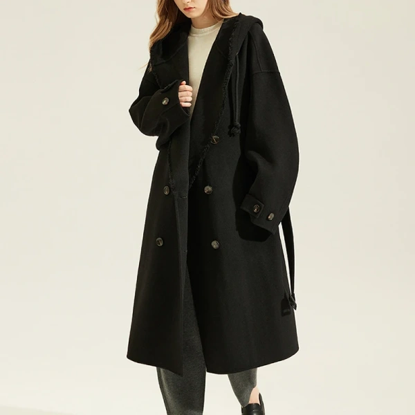 Winter Warm Double Breasted Woolen Trench Coat Women Double Faced Long 100% Real Sheep Wool Coats With Hood - Image 5