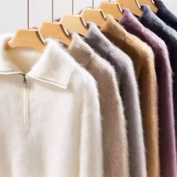 Turn Down Collar Knitted Pullover 100% Cashmere Sweater Women with Zippers - Image 3