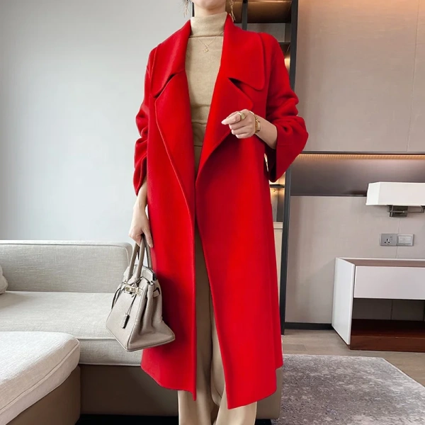 High-end High Quality Soft Warm Classic Double-breasted Lace-up Long-sleeved Women's Cashmere Coat - Image 2