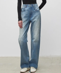 Long 100% Cotton Straight Jeans High Waisted Denim Pants for Women