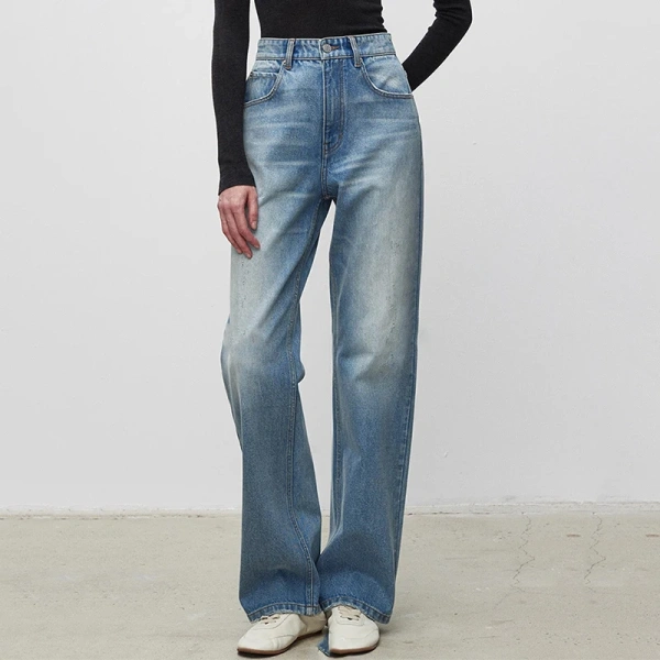 Long 100% Cotton Straight Jeans High Waisted Denim Pants for Women