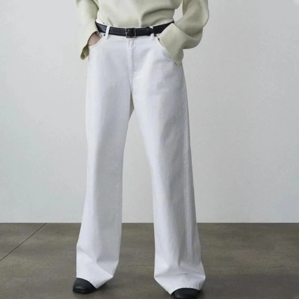 Spring Long Straight Leg Jeans White High Waisted 100% Cotton Denim Pants for Women - Image 4