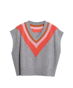 V Neck Triangle Pattern Sleeveless Knitted 100% Cotton Sweater Vest for Women