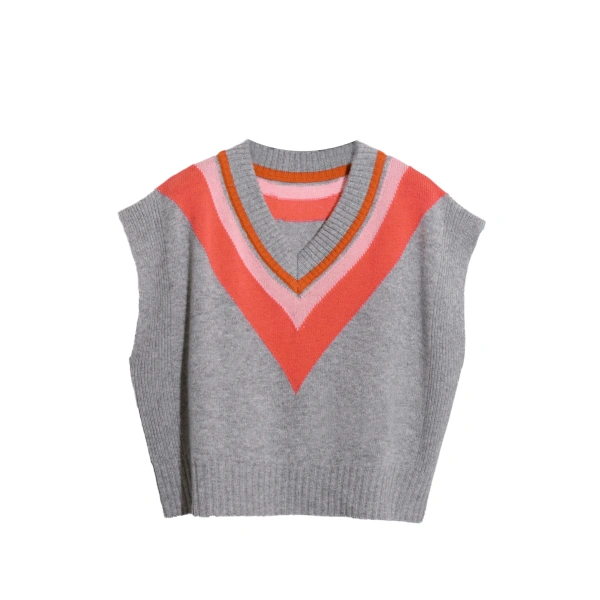 V Neck Triangle Pattern Sleeveless Knitted 100% Cotton Sweater Vest for Women