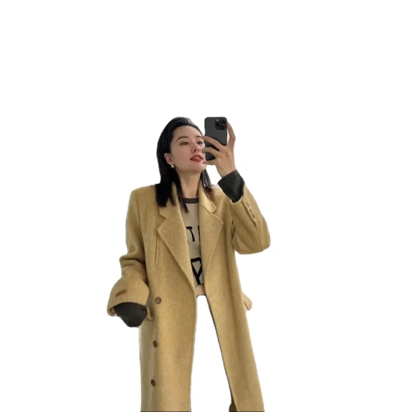 Real Handmade Long Wool Double-sided Wool Coat Women's Medium-length Autumn and Winter Commuting Solid Color Simple Retro