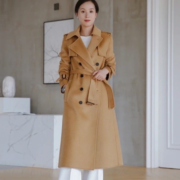 Women's Wool Blends Winter Haute Couture Water Ripple Women Wool Coat Simplicity Elegant Double-breasted Handmade - Image 3
