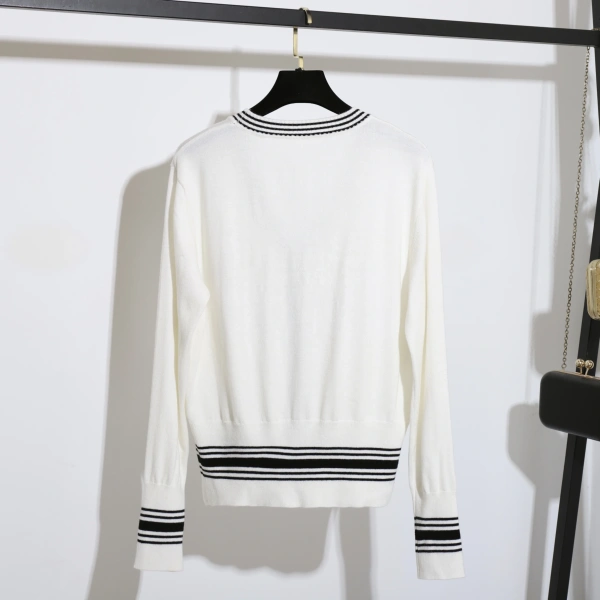 Stripe Single-Breasted V Neck Sweater 100% Wool Knitted Cardigan Women - Image 2