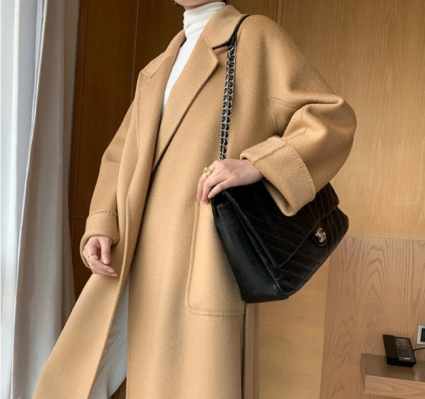 Haute Couture Winter Classic Water Ripple Cashmere Coat Solid Color  Handmade Stick Pocket - Image 3