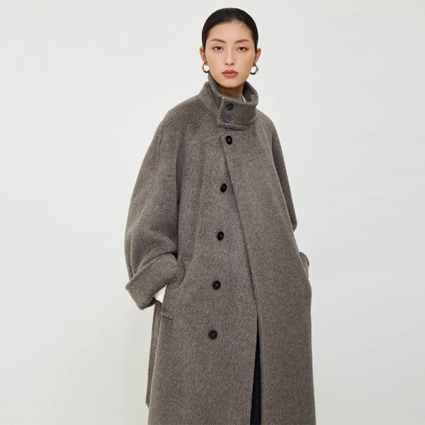 Vintage Stand-up Collar Top Sully Fleece Coat Long Loose Slouchy Wind Thickened Winter Alpaca Cashmere Coat Large Size - Image 6