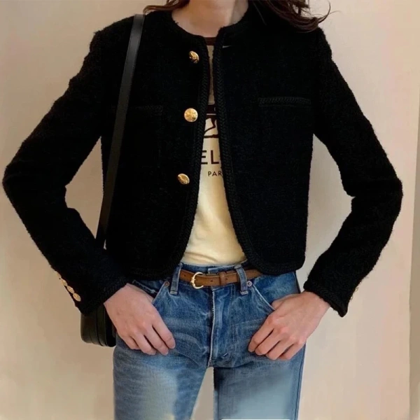 Autumn Winter Tweed Cropped Jackets Korean Fashion O-Neck Single Breasted Knitted Wool Coat Women With Golden Button - Image 3